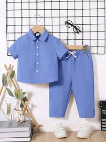 SHEIN 2 件装小男孩纯色领口纽扣式短袖上衣和紧身长裤套装 - 霧霾藍 - 查看 6