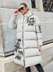 SHEIN Cottnline Plus Size Women's Winter Slogan Print Stand Collar Zipper Padded Coat - White - View 4