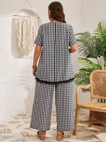 EMERY ROSE 2pcs Plus Size Plaid Short Sleeve Top And Pants Set, Casual And Fashionable For Daily Wear,Vacation Outfits Woman,Vacation Outfits Woman,Summer Clothes