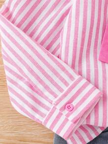 SHEIN 年轻女孩编织条纹宽松休闲披肩领衬衫 - 粉色 - 查看 3