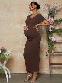 MaterniChic Valentine's Day Solid Color Fitted Maternity Dress With Lace-Up Back - Brown - View 7