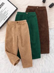 SHEIN Conjunto de 3 piezas de ropa casual para niños pequeños, incluye pantalones de pana de color azul marino, negro y caqui, con botones y bolsillos, cómodo para exteriores, la escuela y fiestas, apropiado para primavera y verano