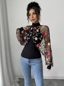 Chiquease Women's Knitted Contrast Mesh Embroidered Autumn T-Shirt