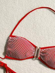 SHEIN Swim Frühlingspause Sommer Strand U-Ausschnitt Crop Top & seitlich gebundener Bikini Unterteil 2 Teile Badeanzug Set, Rot & Weiß