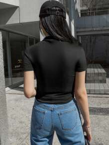 DAZY Camiseta de mujer de cuello alto, de unicolor, con ajuste ceñido y mangas cortas, de estilo casual - Negro - Ver 5