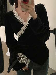 DAZY 法国复古天鹅绒和蕾丝拼布奢华修身女式长袖衬衫上衣 - 黑色 - 查看 8