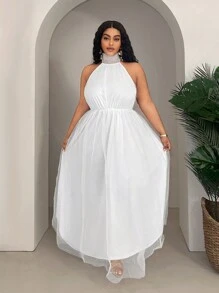 Slaydiva Plus Size Women's Elegant Wedding Big A-Line Puff Backless Dress - White - View 6