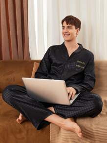 Manfinity Underwear&Sleepwear Basics 2pcs/Set Men's Front Button Long Sleeve Casual Top And Long Pants Pajama Set - Black - View 2