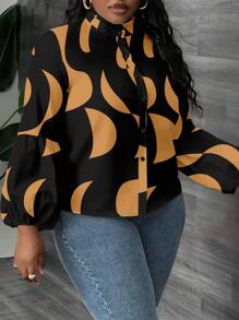 Slaydiva Camicia a maniche lunghe e maniche a palloncino con colletto alto, in stile elegante, casual e da festa, con motivo geometrico multicolore, adatta a donne con taglie over, per primavera e autunno - Castano - Visualizzare 7
