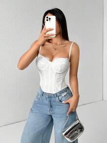 SHEIN PETITE Women's Lace Patchwork Spaghetti Strap Camisole Top, Casual Daily Wear ,Petite Women - White - View 4