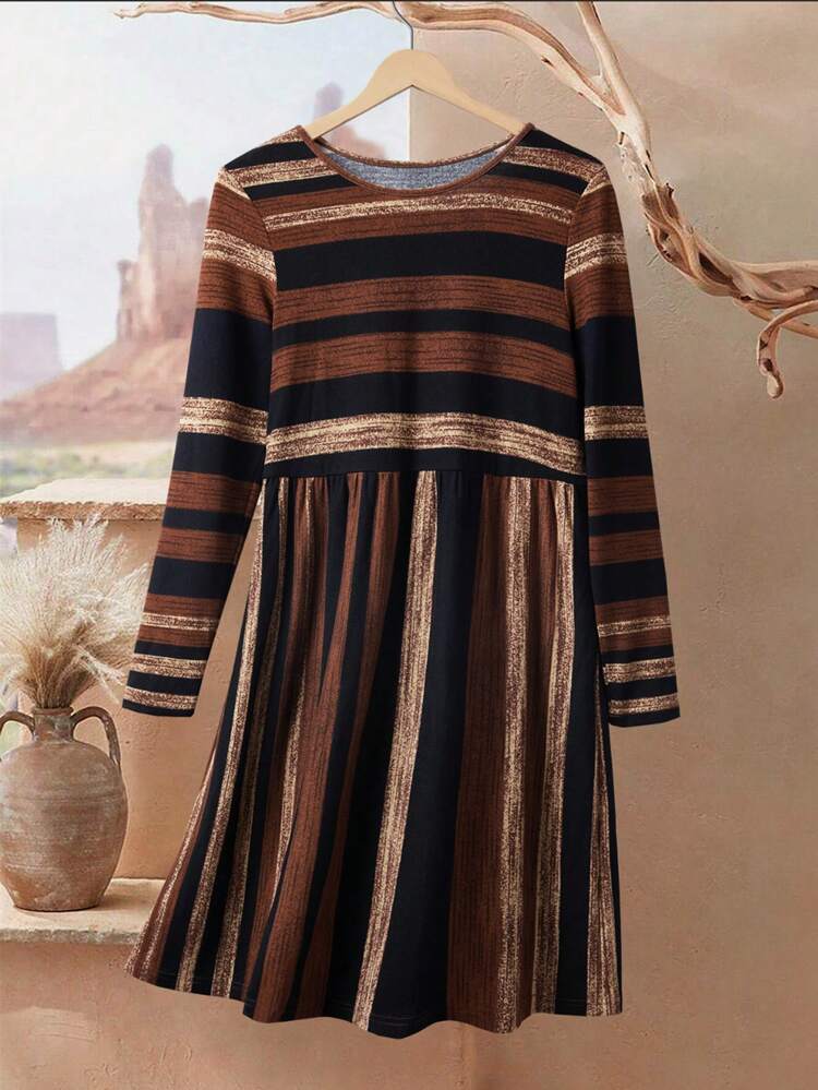 Women Casual Color Block Striped Mini Dress For Autumn