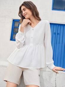 EMERY ROSE Women's Solid Color Button Front Long Sleeve Pleated Simple Casual Shirt - White - View 6