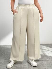 SHEIN Essnce 大码女装秋季女装商务休闲女装新款时尚休闲通勤纹理面料纯黑色阔腿裤、长裤、口袋正装裤。休闲裤、工装女裤、宽松女裤、女士正装裤、秋裤 - 杏色 - 查看 3