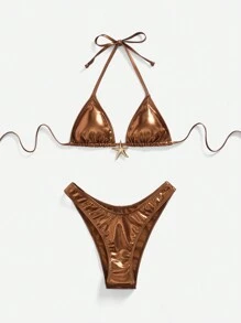 Summer Valentine's Day Starfish Metal Texture Halterneck Sexy Bikini Set For Women, Beach Outfit - Brown - View 5