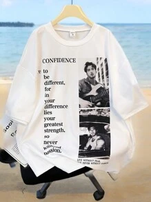SHEIN 青少年男孩休闲运动舒适简约百搭可爱柔软 T 恤，带有肖像和字母设计，适合上学、旅行、运动、秋冬季 - 白色 - 查看 2