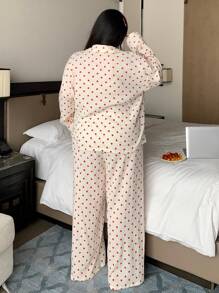 Dazy Plus Plus Size Women Revere Collar All-Over Heart Printed Top & Pants Pajama Set, Suit All Seasons, Fall Winter Clothes - Hot Pink - View 2