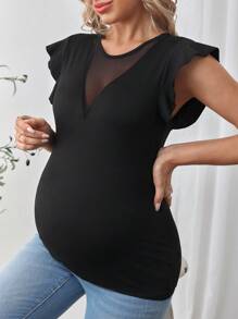 SHEIN Maternity Simple Round Neck Mesh Patchwork Top, Casual Daily Wear - Black - View 2