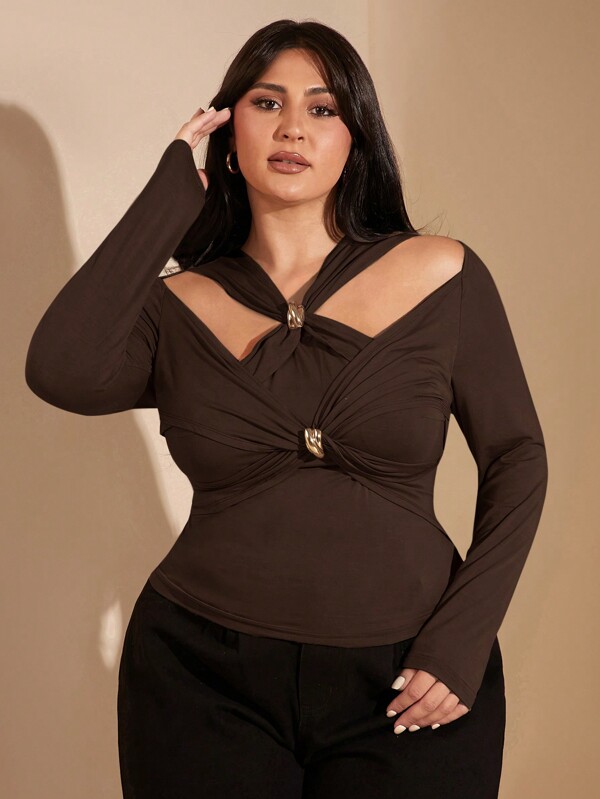 SHEIN BAE Plus Size Curve 女式纯色扭纹前开襟长袖短款修身 T 恤秋冬休闲 T 恤优雅