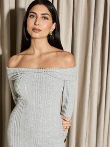 AiiRZ Ribbed Bardot Maxi Dress Long Sleeve Off Shoulder Evening Bodycon Dress Winter Holiday Party Formal Elegant Full Length Knit Dress