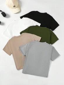 SHEIN Playful Pals 5pcs/Set Young Boy Casual Solid Color Short Sleeve Top Suitable For Playing, School, Campus, College - Multicolor - View 2