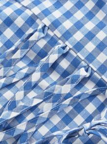 SHEIN MOD Camisa de mujer con mangas abullonadas, botones y volantes en la barra en estampado de cuadros azules y blancos, atuendo para vacaciones, fiesta de té, concierto de música country