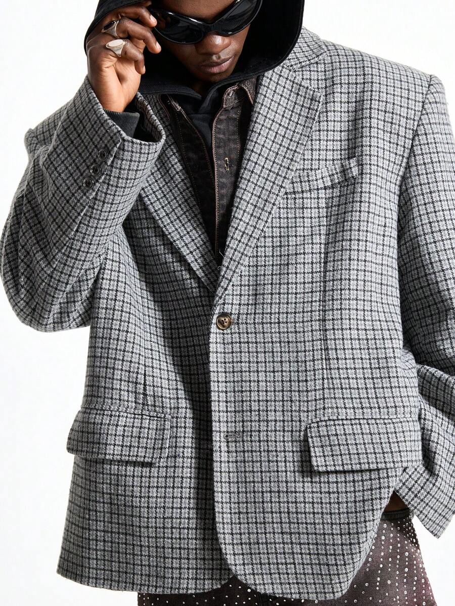 NEON BLANC 男士街头风格格纹编织长袖西装外套，秋冬 - 灰色 - 查看 1