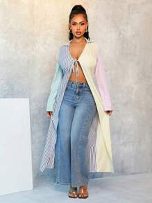 BamGleam Striped Contrast Color Lace-Up Flared Sleeve Coat For Women Fall Cloth For Women - Multicolor - View 4
