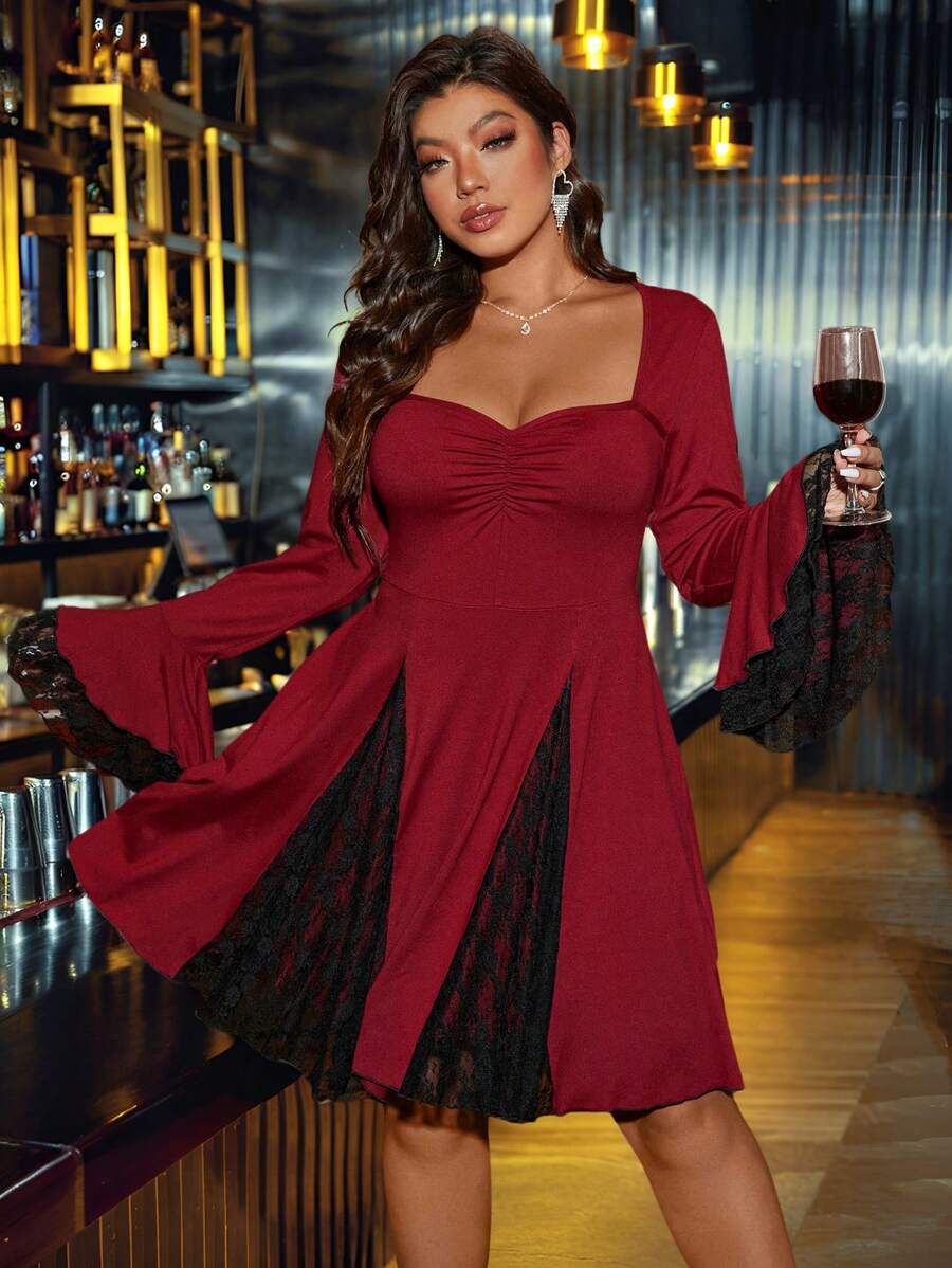 SHEIN Unity Gaun Ancora Lengan Mengembang dengan Leher Persegi dan Hiasan Renda yang Modis, Warna Merah Valentine, Tahun Baru - Burgundy - View 1