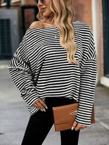 SHEIN LUNE Women's Waffle Knit Batwing Open Shoulder Loose T-Shirt, Green, Autumn Graphic Tees Women Tops Fall Cloth For Women - Black - View 3