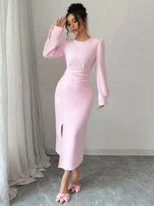 Elenzga Pink French Style Bodycon Midi Dress, Elegant And Feminine, Suitable For Valentine's Day - Pink - View 3