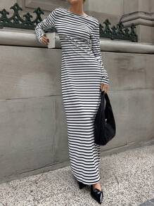 SHEIN Cottnline Đầm dài tay hở lưng co giãn cao xẻ tà thường ngày mặc nhà cho nữ - trắng - Xem 2