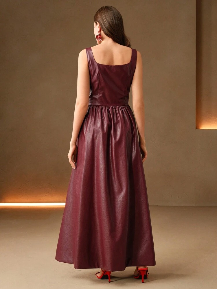 Burgundy PU Leather Square Neck Sleeveless Ruched Waist Elegant Dress, Slimming Summer Women Party Outfit For Chinese New Year, Vacation, Valentine's Day