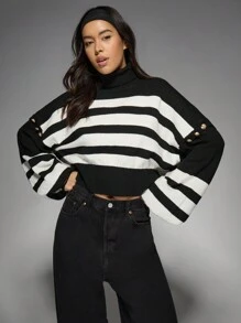 MISSGUIDED PLUS 条纹针织高领短款毛衣冬季服装 - 黑與白 - 查看 1