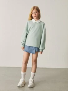 SHEIN Tween Girls' Y2k Spring Summer Boho Button-Front Wrap Skirted Denim Pants Jeans Shorts - Light Wash - View 5