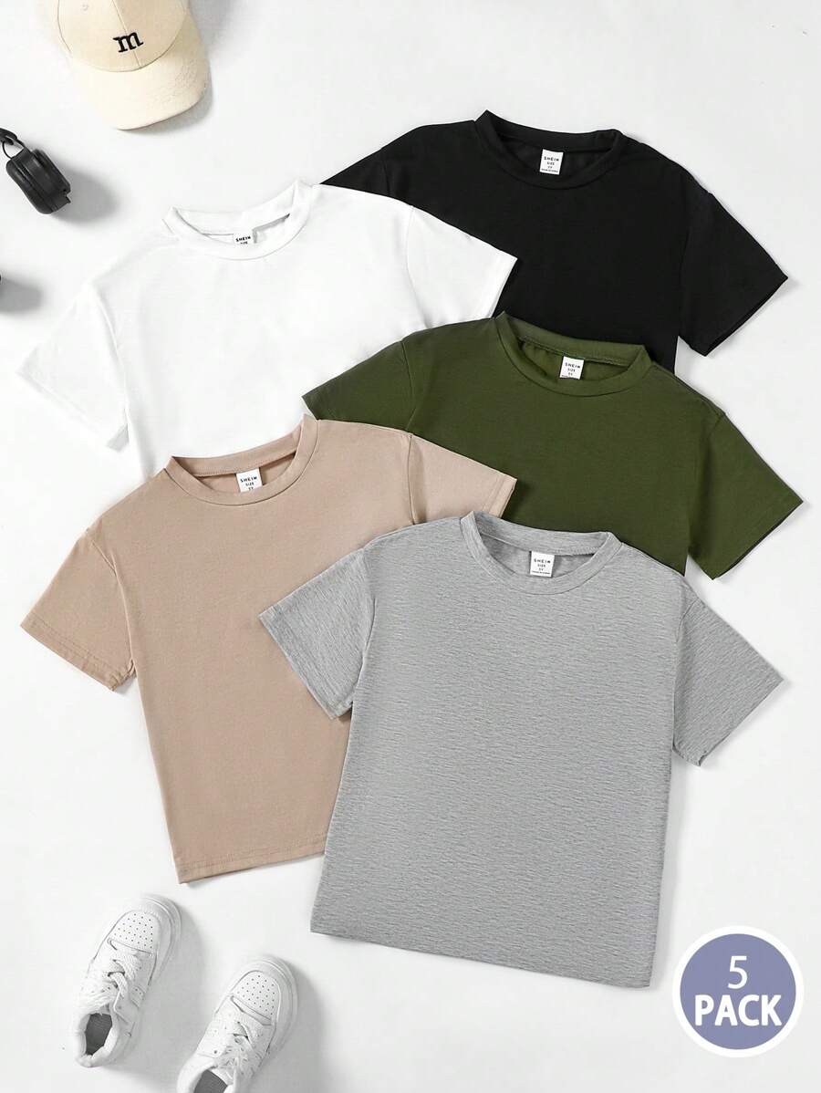 SHEIN Playful Pals 5pcs/Set Young Boy Casual Solid Color Short Sleeve Top Suitable For Playing, School, Campus, College - Multicolor - View 1
