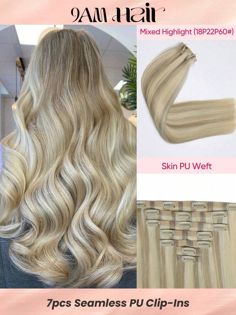 Seamless Clip Ins 115 克丝滑直发奶油色灰白金米色金色 18/22/60# 混合高光 PU 无缝 7 件夹式真人接发夹式接发 - S18A/613A - 查看 1