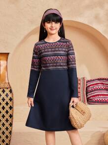 SHEIN Tween Girls Rochie cu modele, cu mâneci lungi, cu decolteu rotund, confortabilă și simplă - Albastru - Vizualizare 5