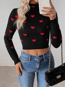 SHEIN LUNE Jersey corto de mujer con cuello alto, manga larga y patrón de corazones, para otoño/invierno