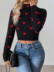 SHEIN LUNE Jersey corto de mujer con cuello alto, manga larga y patrón de corazones, para otoño/invierno