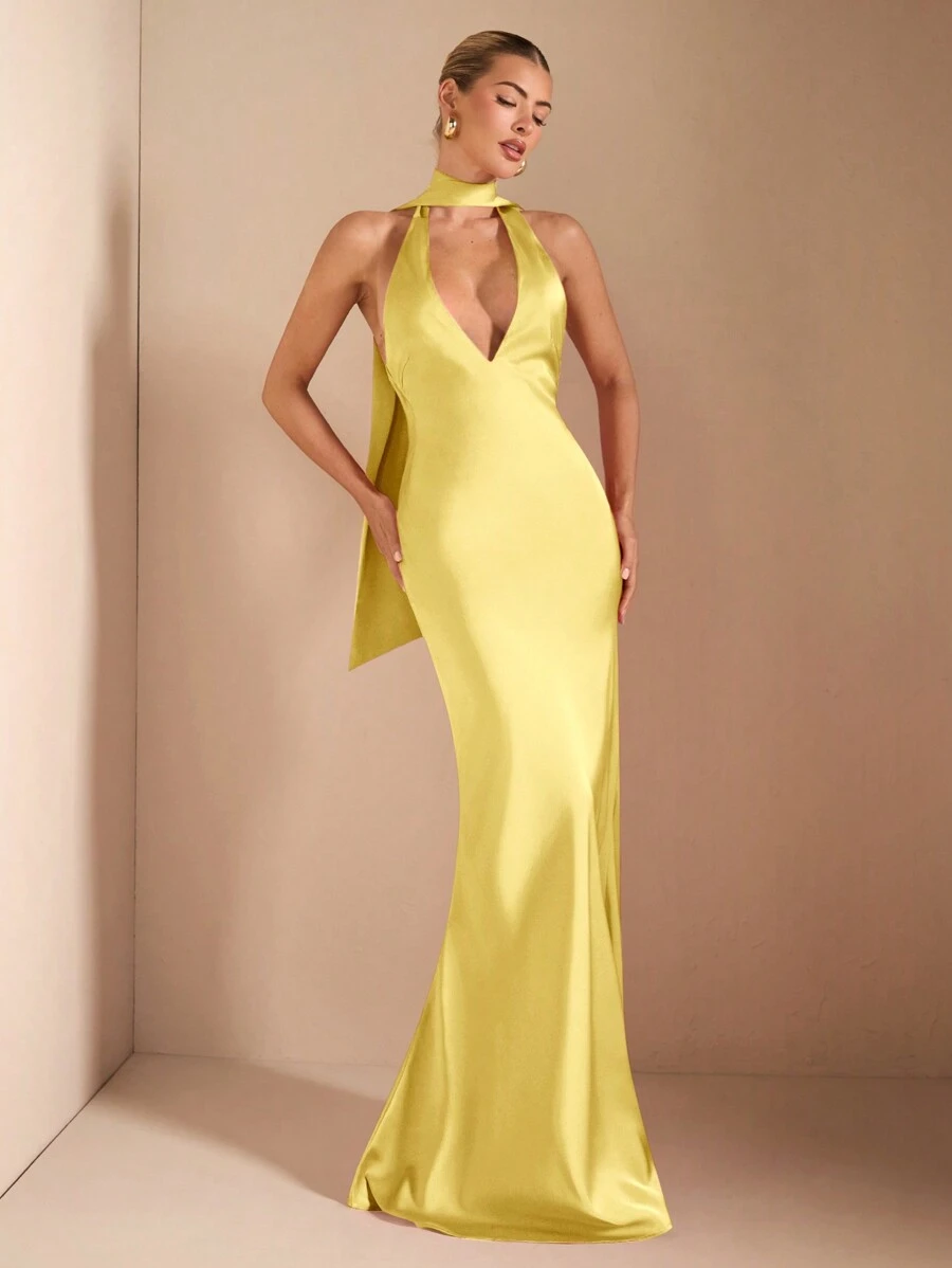 SHEIN BAE Đầm hở lưng buộc dây cổ chữ V sâu gợi cảm thanh lịch, thích hợp cho tiệc cocktail, hẹn hò lãng mạn, lớp lót thu đông, tiệc tùng, đám cưới, Halloween, Giáng sinh - Màu vàng - Xem 1