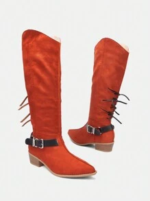 Styleloop Women's Pointed Toe Chunky Heel Mid-Calf Boots, Suede Lace-Up Riding Boots For Autumn/Winter - Brown - View 3