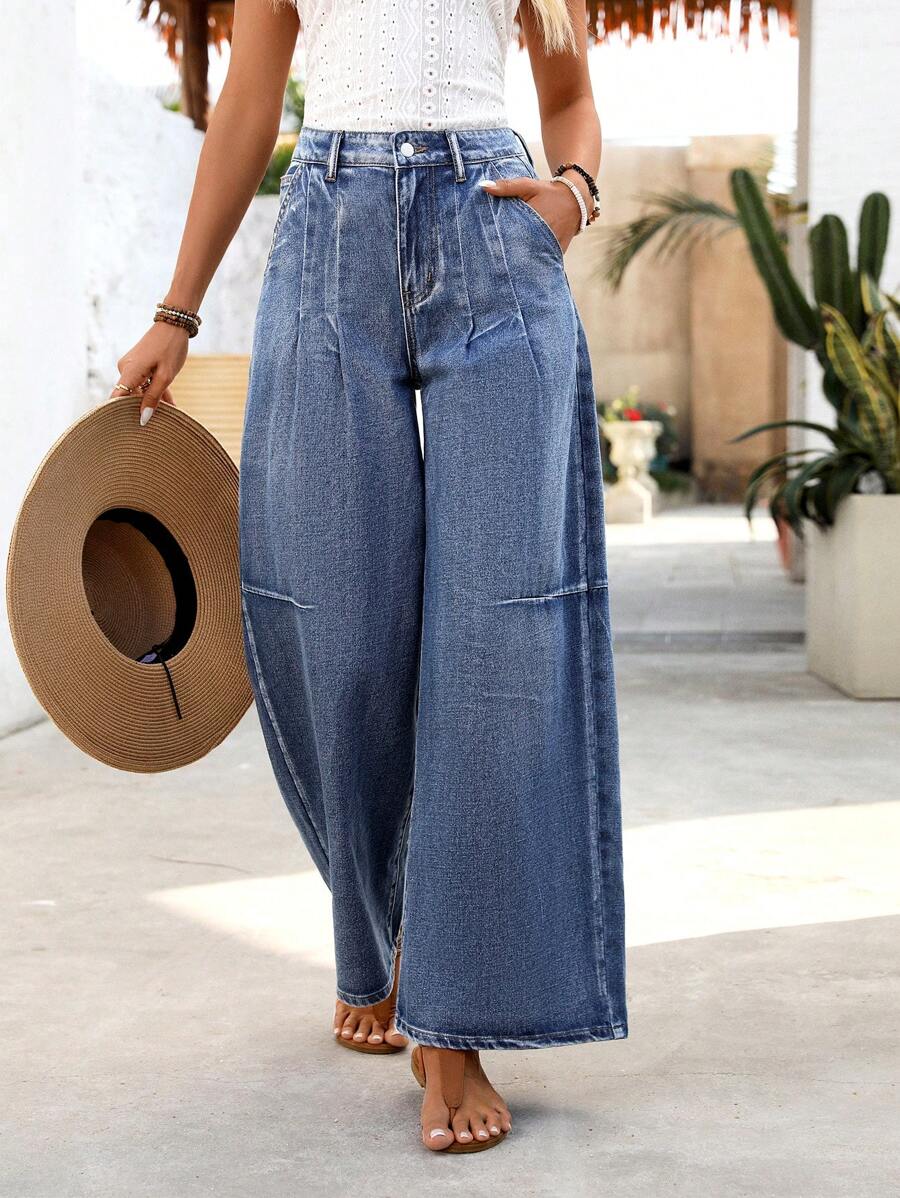 Breezaya Damen Jeans mit Knopfleiste und Taschen, einfacher Lässig-Stil, Alltagsmode