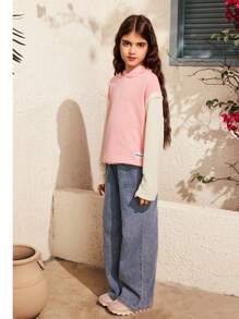 SHEIN قطعة واحدة من كنزة الفتيات المراهقات، كنزة بتصميم كتل لونية وردية وشعار كاجوال، أسلوب العودة إلى المدرسة في فصل الخريف، مريحة للمدرسة والأنشطة الخارجية والحفلات - وردي - مشاهدة 7