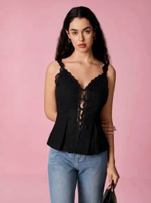 SHEIN Frenchy 女士对比色蕾丝吊带背心 - 黑色 - 查看 3