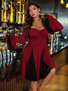 Celure Vestido de cuello cuadrado con encaje y mangas acampanadas, color rojo, ideal para el Día de San Valentín y el Año Nuevo