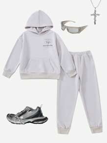 SHEIN Tween Boy 2 Pieces Casual Cool Long Sleeve Hooded Top And Pants Set, Leading Fashion Light Grey Sports Outfit; Combining Letters And Graphics, This Design Is Not Only Fashionable And Elegant, But Also Meaningful. The Hooded Top Perfectly Integrates Fashion And Sports, And Can Also Easily Create A Stylish Street-Style Look. - Khaki - View 3