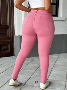 SHEIN Privé Plus Size Women Pockets Distressed Skinny Casual Versatile Jeans - Pink - View 2