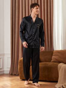 Manfinity Underwear&Sleepwear Basics 2pcs/Set Men's Front Button Long Sleeve Casual Top And Long Pants Pajama Set - Black - View 6