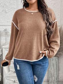 SHEIN LUNE Women Plus Size Drop Shoulder Casual Colorblock Trim T-Shirt - Khaki - View 5