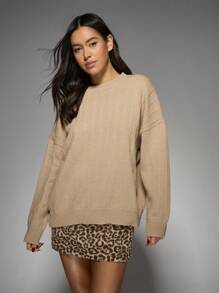 MISSGUIDED Oversized Ribbed Knit Sweater Jumper Cozy Winter Fall Casual Long Sleeve Pullover Warm Soft Loungewear Basic Essential - Khaki - View 1